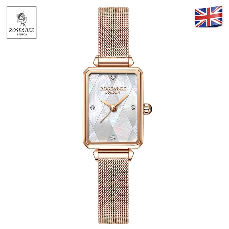 Retro White Shell Dial Rectangle Diamonds Japan Quartz Ladies Stainless Steel Mesh Waterproof Scallop Women Rhinestones Watches