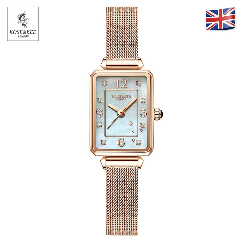 Retro White Shell Dial Rectangle Diamonds Japan Quartz Ladies Stainless Steel Mesh Waterproof Scallop Women Rhinestones Watches