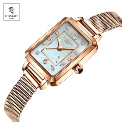 Retro White Shell Dial Rectangle Diamonds Japan Quartz Ladies Stainless Steel Mesh Waterproof Scallop Women Rhinestones Watches