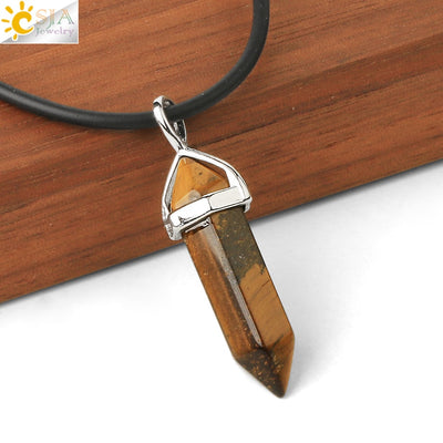 CSJA Real Raw Pink Purple Gem Crystals Necklace Hexagonal Bullet Reiki Chakra Natural Stone Necklace Pendant Women Jewelry E056