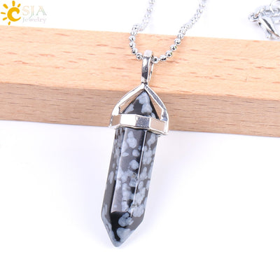 CSJA Real Raw Pink Purple Gem Crystals Necklace Hexagonal Bullet Reiki Chakra Natural Stone Necklace Pendant Women Jewelry E056